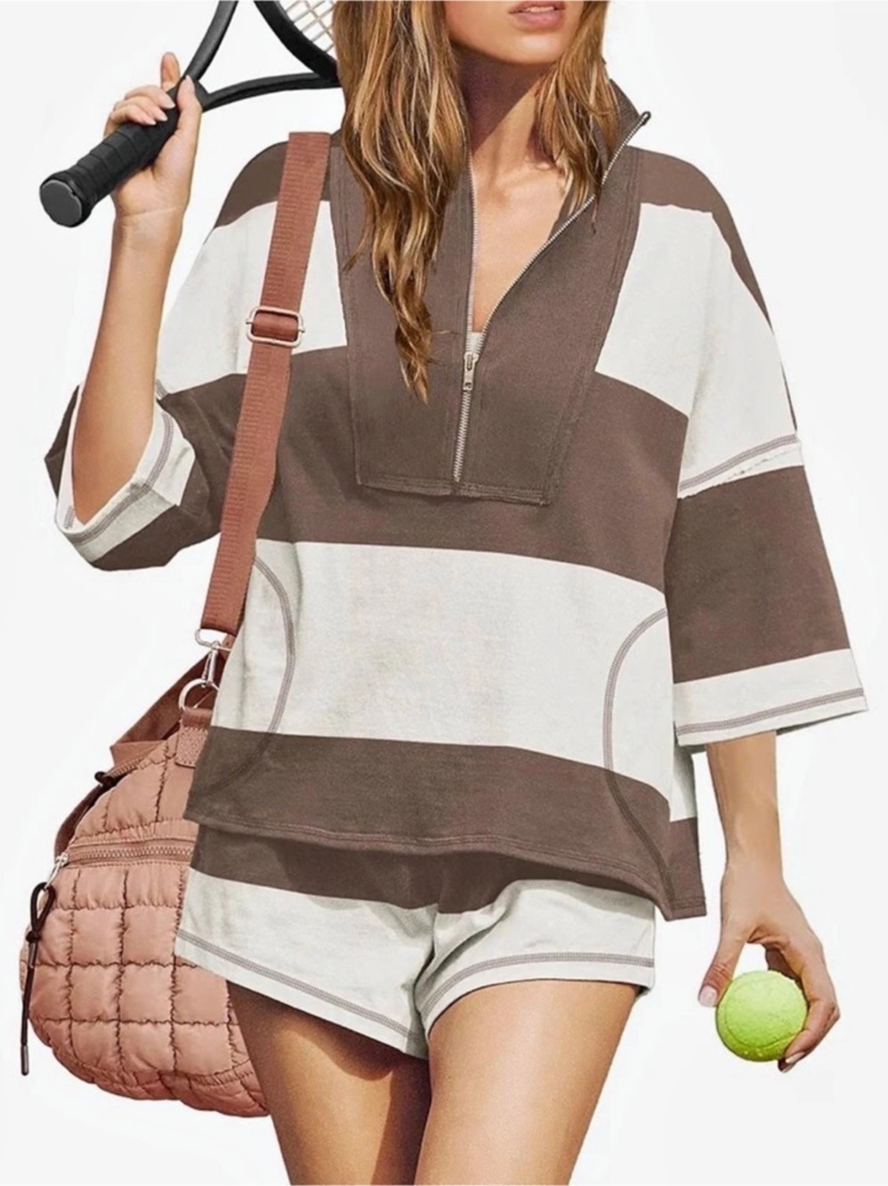 Stripe Color Block Patchwork Quarter Zip Pullover Sporty Shorts Set in Brown & W